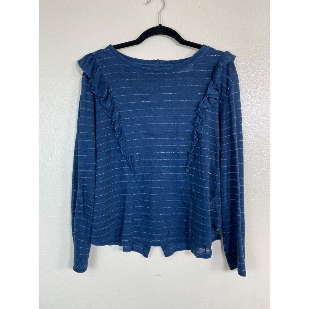 Wrap London Blue Metallic Striped Linen Blend Long Sleeve Ruffle Top Size 10